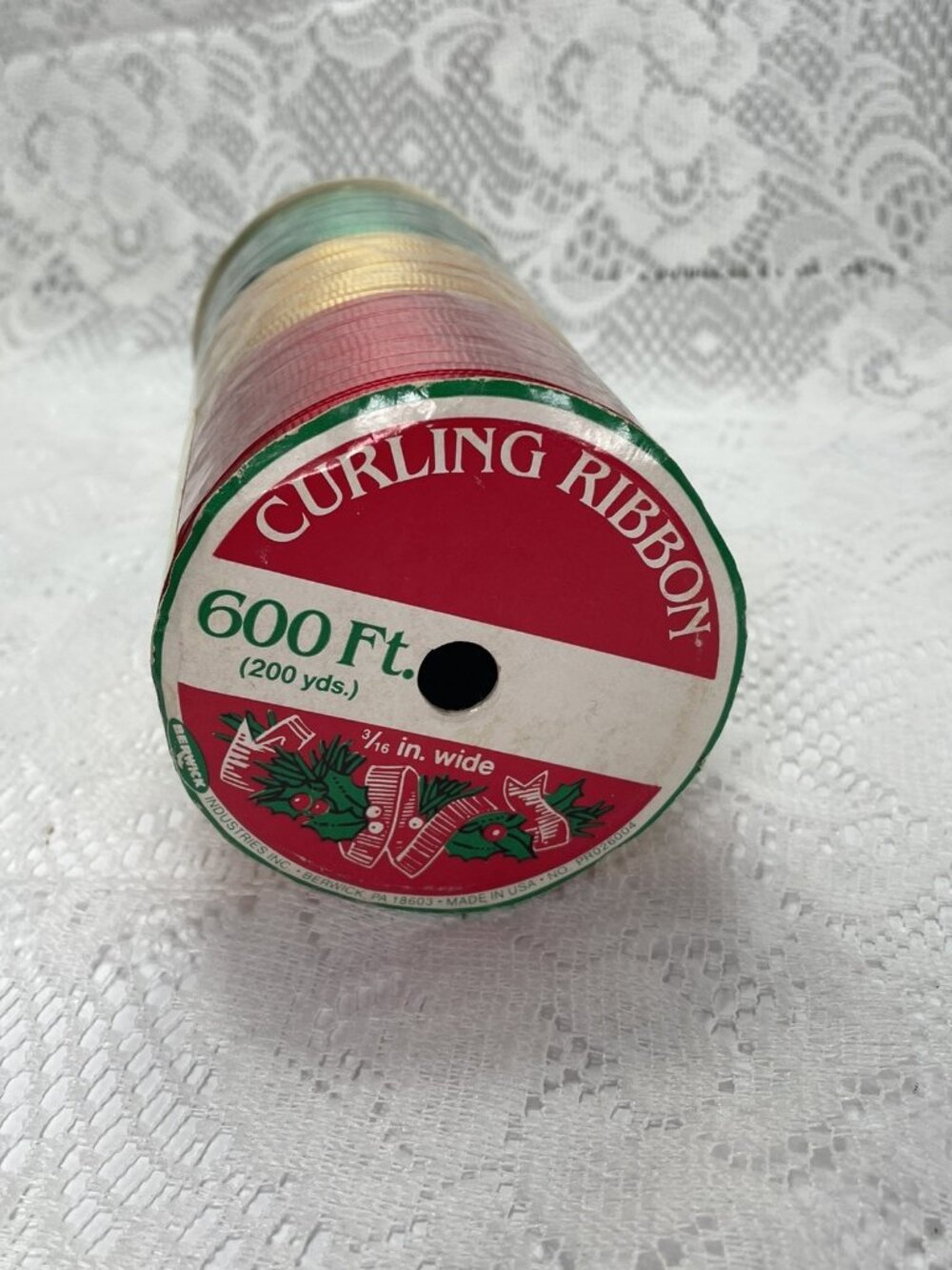 1970s Vtg Burwick Curling Ribbon 3 Color Spool Green Gold Red Orig Sticker USA